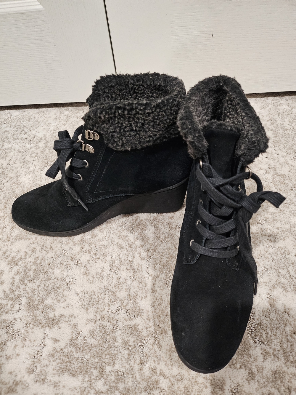 White Mountain Black Faux-Shearling Lace-Up Wedge Ankle Booties